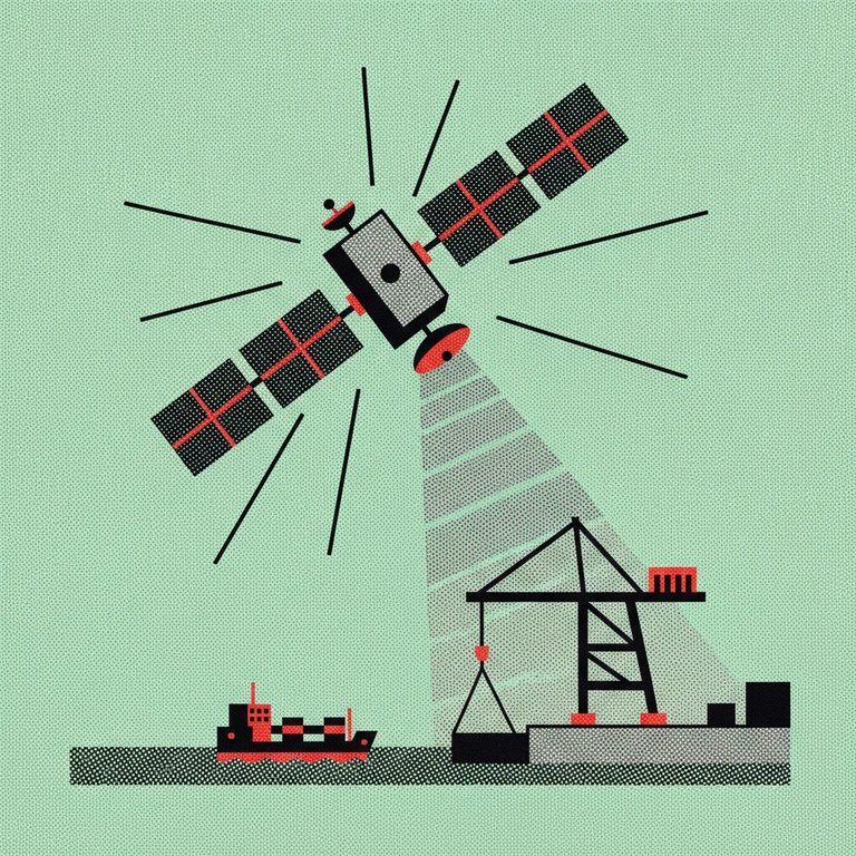 Illustration d'un satellite en orbite qui analyse un port et un cargo, symbole de l'IA de Mistral embarquée dans les satellites de Loft Orbital