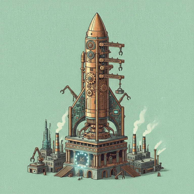 Fusée industrielle steampunk en cours de lancement depuis une base high-tech, métaphore de la levée de fonds historique de Mistral AI pour l'IA souveraine européenne.