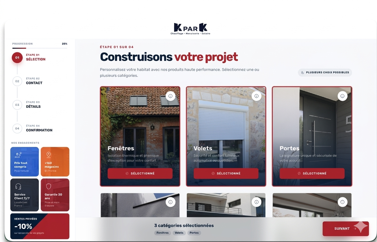 Landing page KparK - interface desktop du tunnel de devis menuiseries