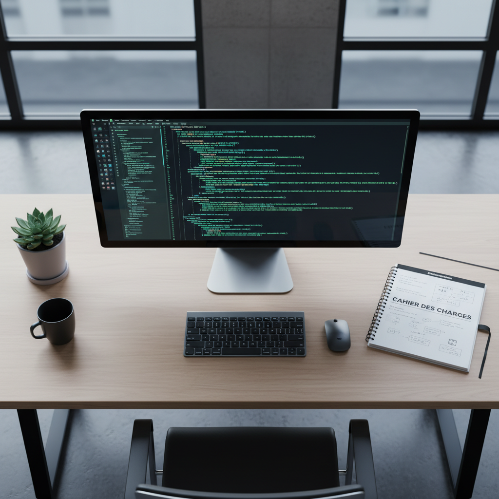 Un développeur utilisant GitHub Copilot Workspace pour transformer un cahier des charges en prototype fonctionnel.