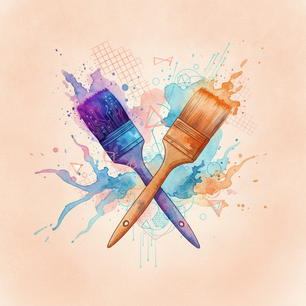 Deux pinceaux croisés, digital contre traditionnel, duel design IA