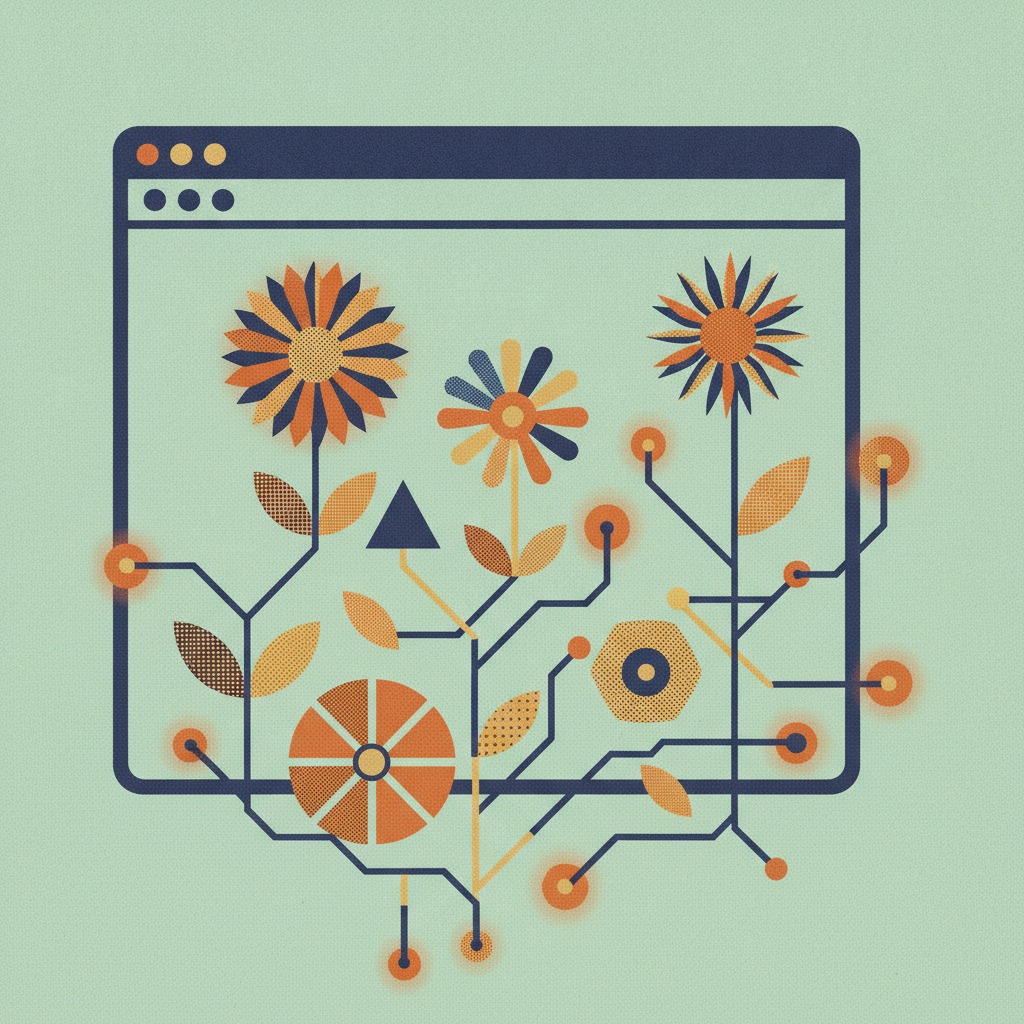Navigateur web se transformant en jardin digital, métaphore de la création web IA