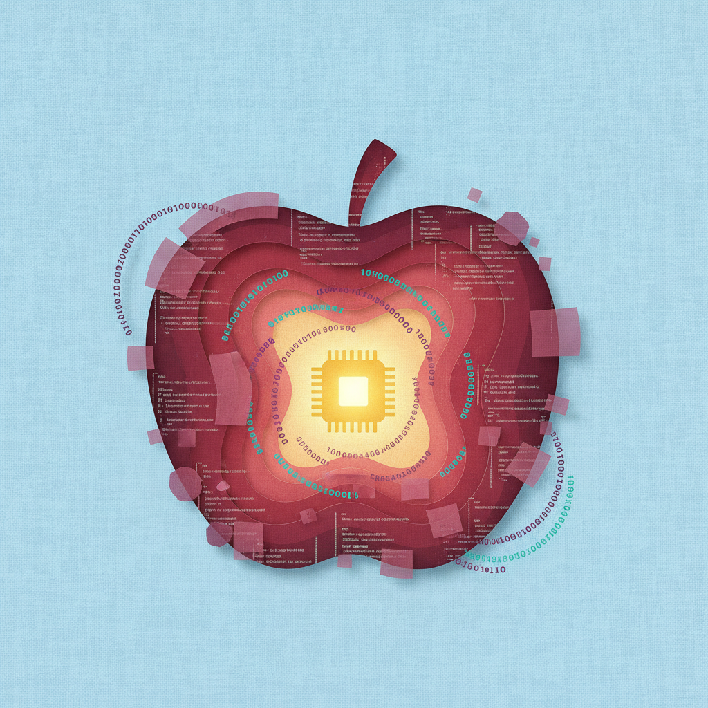 Pomme translucide avec puce IA au centre, traitement local du code