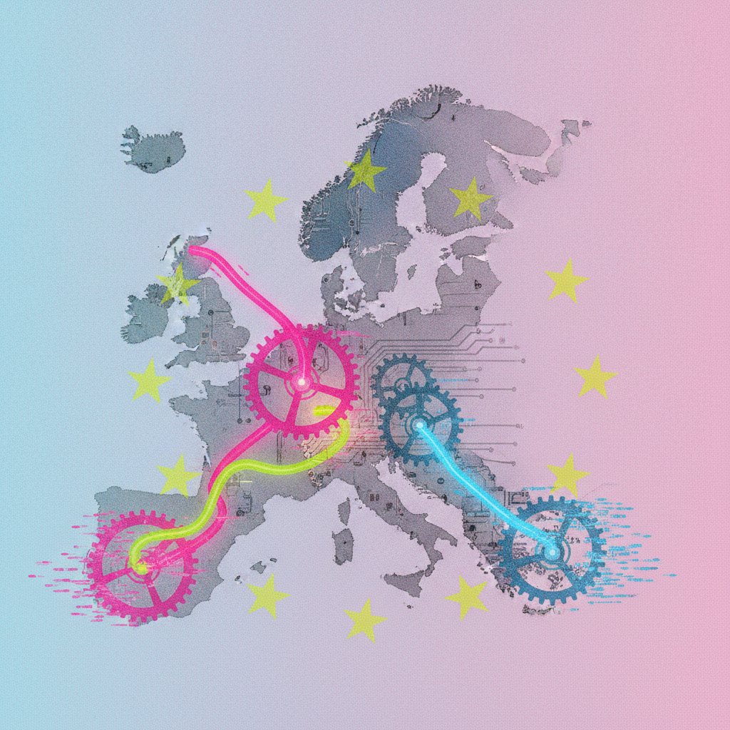 Représentation abstraite de l'AI Act de l'UE impactant les PME, avec des engrenages et des flux de données.