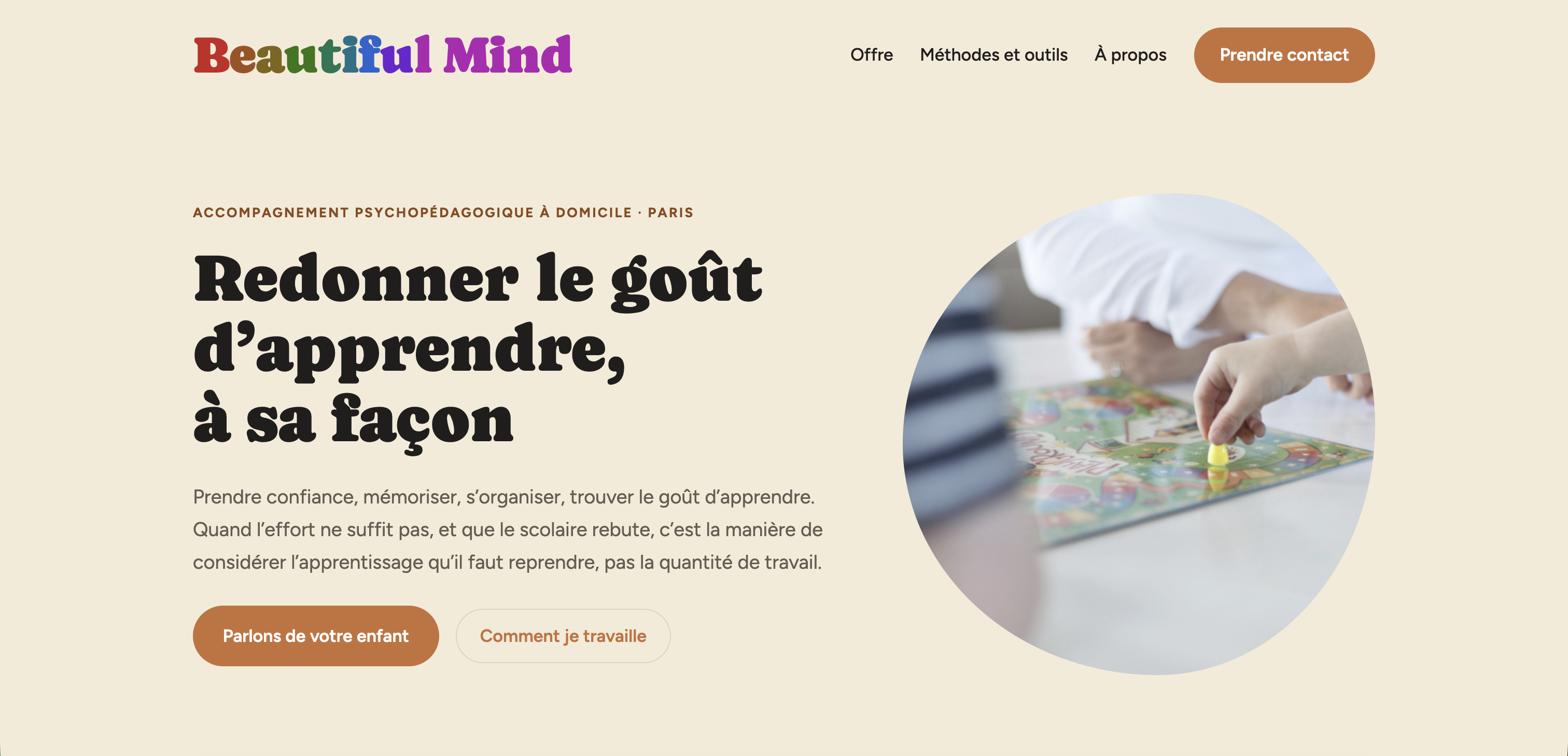 Site Beautiful Mind – page d'accueil sur desktop
