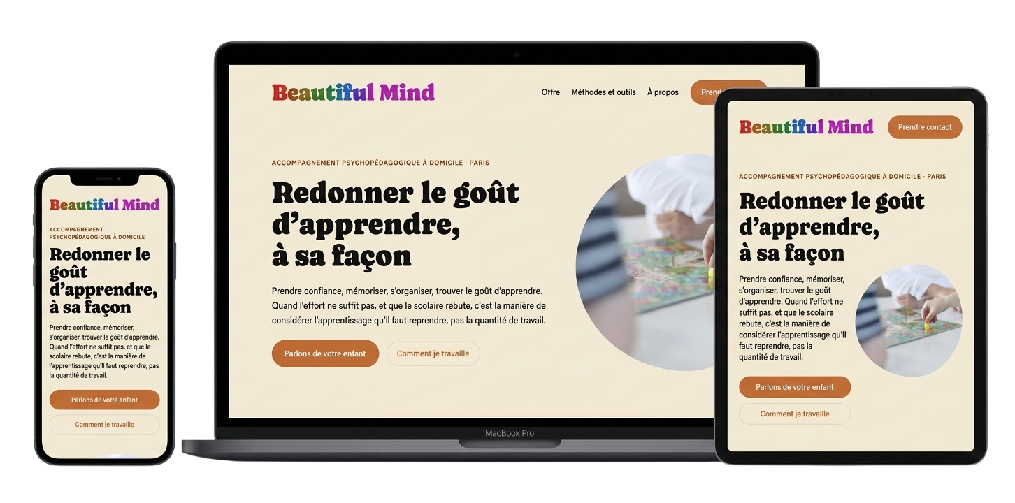 Site Beautiful Mind sur desktop, tablette et mobile