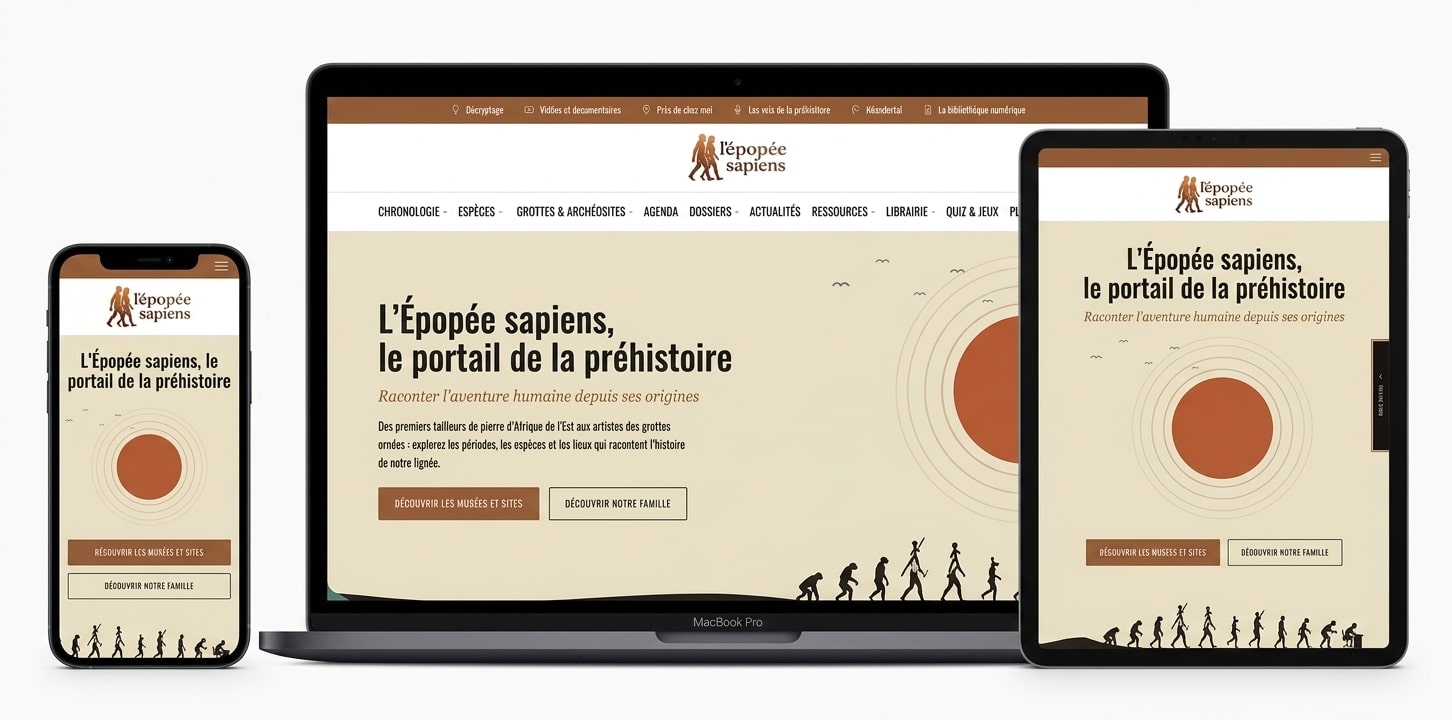 Portail éditorial L'Épopée Sapiens sur desktop, tablette et mobile