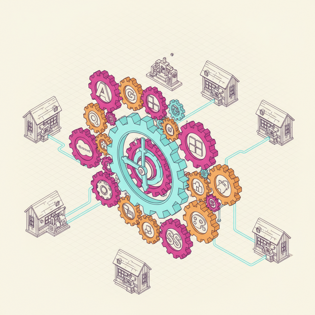 Mécanisme d'horlogerie complexe avec un grand engrenage central 'Claude AI' connectant de nombreux petits rouages représentant des entreprises partenaires comme Google et Microsoft, symbolisant l'intégration facilitée de l'IA pour les PME.