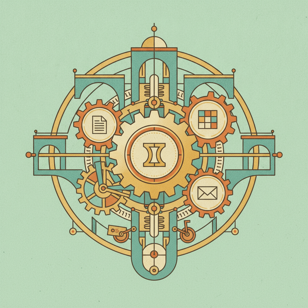 Engrenages d'horlogerie complexes symbolisant l'IA agentique de Gemini orchestrant Google Workspace pour les PME.