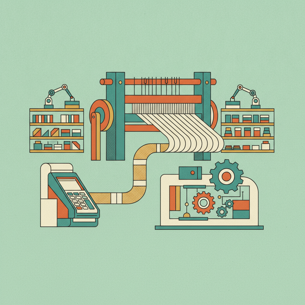 Un métier à tisser numérique créant des fils de données, un fil reliant un terminal de paiement simplifié à un système d'achat automatisé. En arrière-plan, des étagères de produits sont organisées par des bras robotiques, symbolisant l'e-commerce rationalisé.