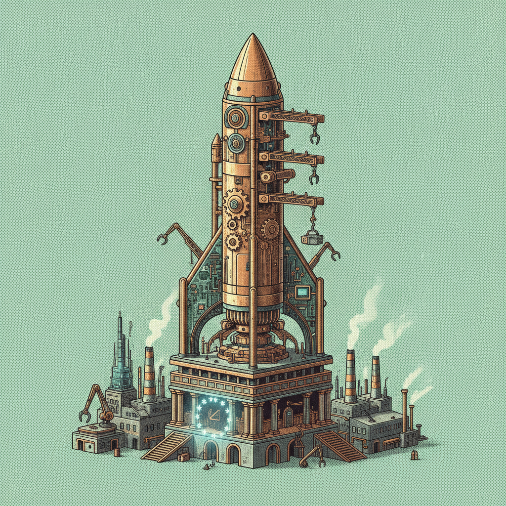 Fusée industrielle steampunk en cours de lancement depuis une base high-tech, métaphore de la levée de fonds historique de Mistral AI pour l'IA souveraine européenne.